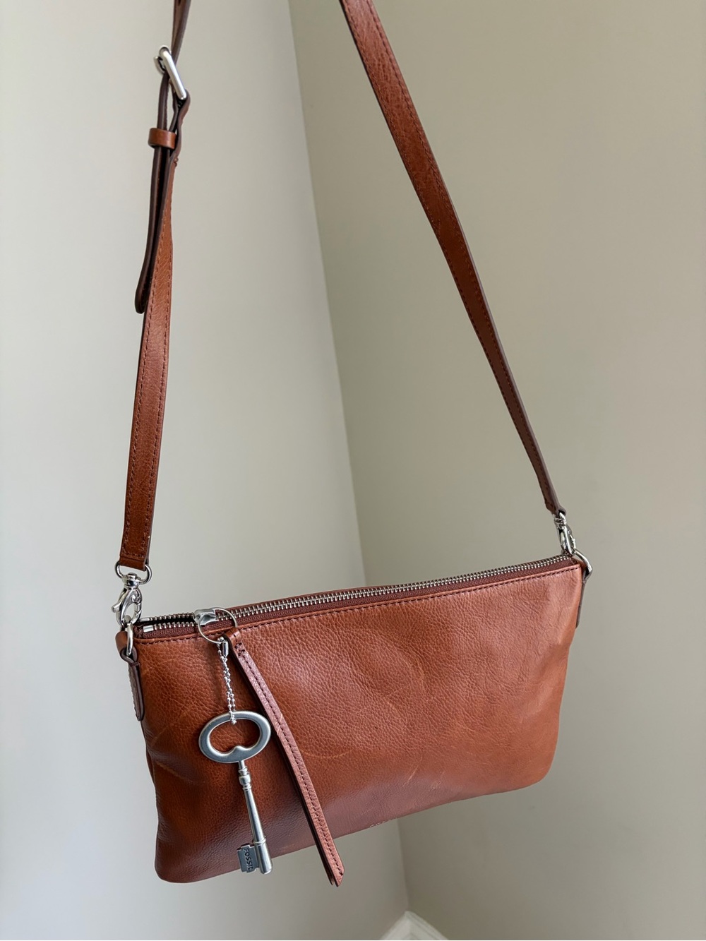Fossil Tan Leather Crossbody with Key Charm - Picture 11 of 14